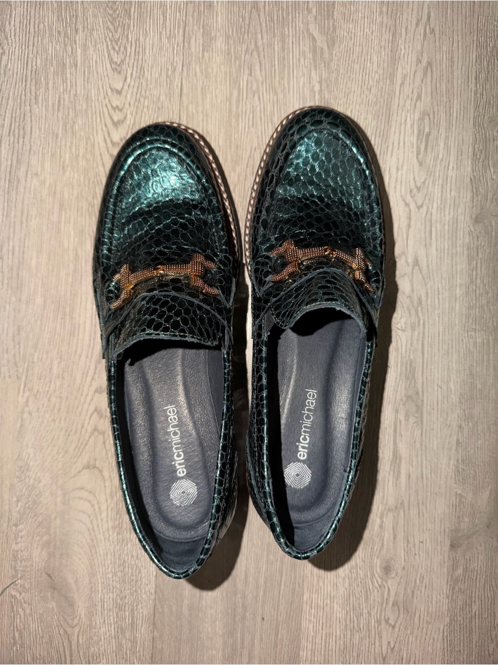 Eric Michael Iridescent Teal Snake-Embossed Loafers